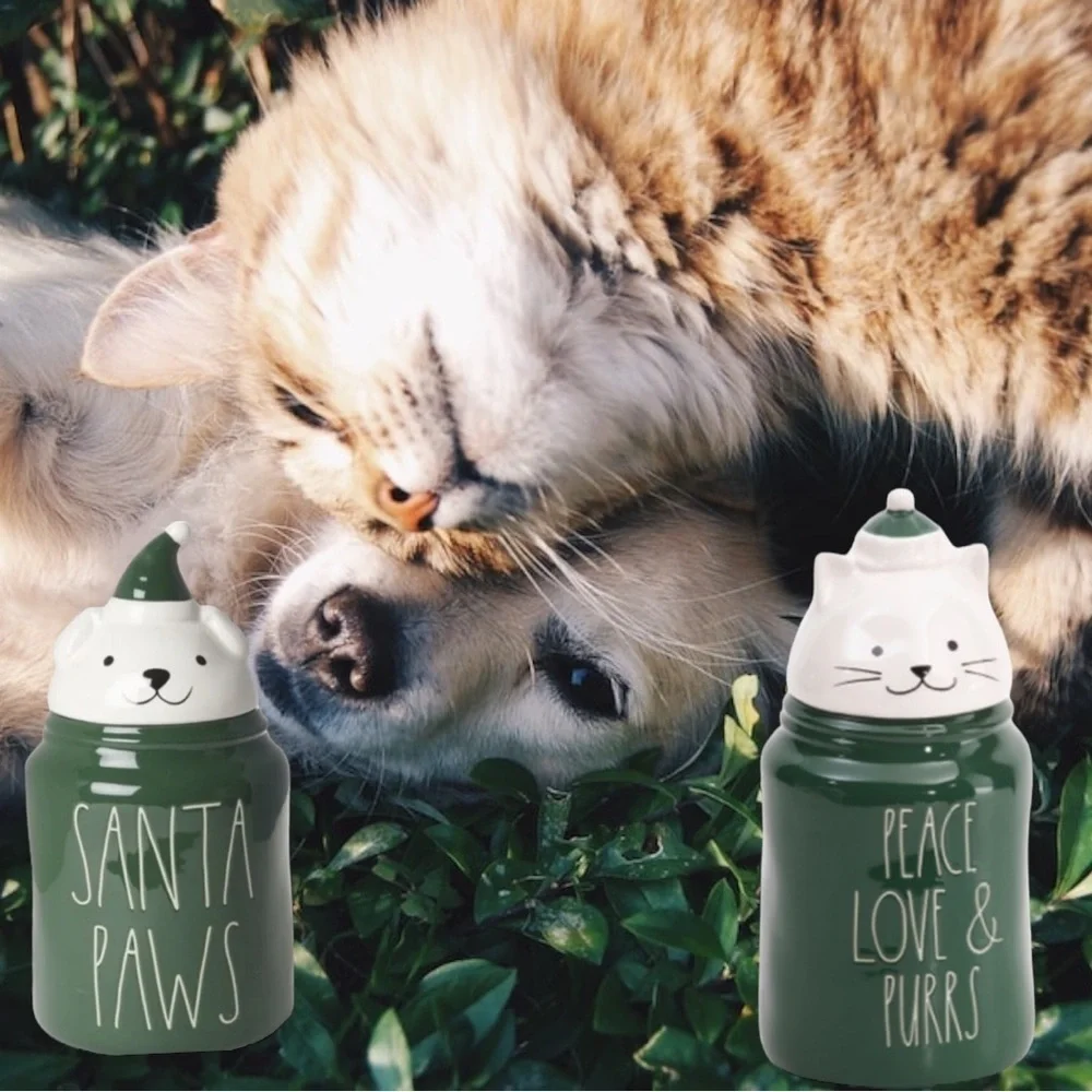 RAE DUNN Peace Love & Purrs Figural Cat Canister Treat Christmas Pet Decor NEW